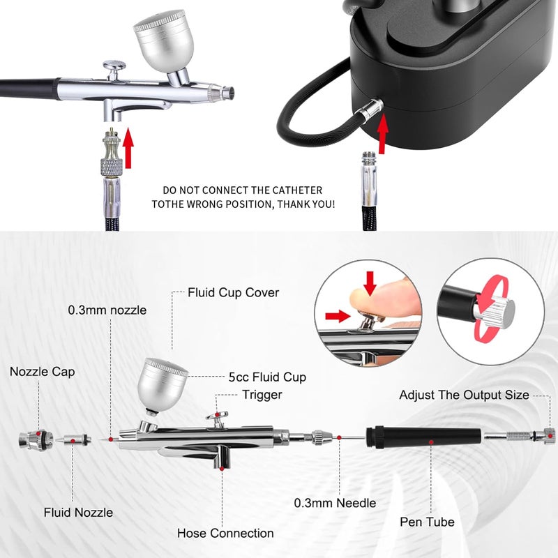 CBVCBV Airbrush Kit 0.3/0.5mm Nozzle/Sets,Kit with Air Compressor High Pressure Air Brush,Nail Airbrush,Ideal for Nails Art,Makeup,T-Shirt Painting,Cake ecorating DIY Model Crafting(Black) - Image 4